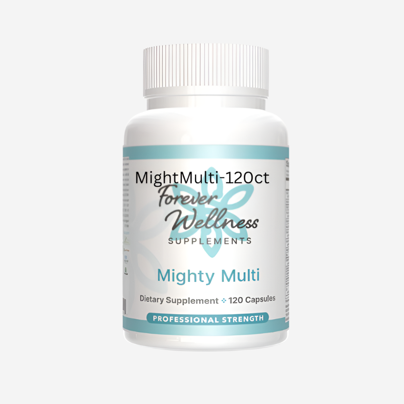 Bottle of Mighty Multi advanced multivitamin capsules for enhanced energy, immune health, and detoxification support.