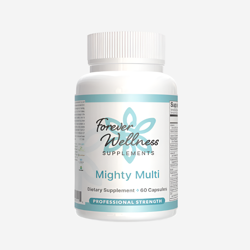Mighty Multi multivitamin capsules in a bottle, designed to support cellular energy, enhance immune function, and provide antioxidant protection.