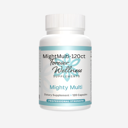 Bottle of Mighty Multi advanced multivitamin capsules for enhanced energy, immune health, and detoxification support.