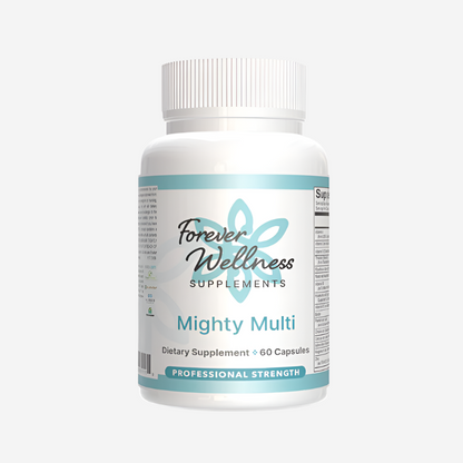 Mighty Multi multivitamin capsules in a bottle, designed to support cellular energy, enhance immune function, and provide antioxidant protection.